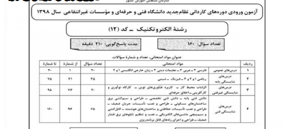 دانلود آزمون کاردانی فنی و حرفه ای سال 98 رشته الکتروتکنیک