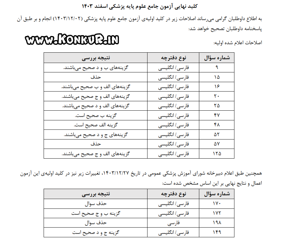 کلید نهایی آزمون پیش کارورزی (پره انترنی) اسفند 1403
