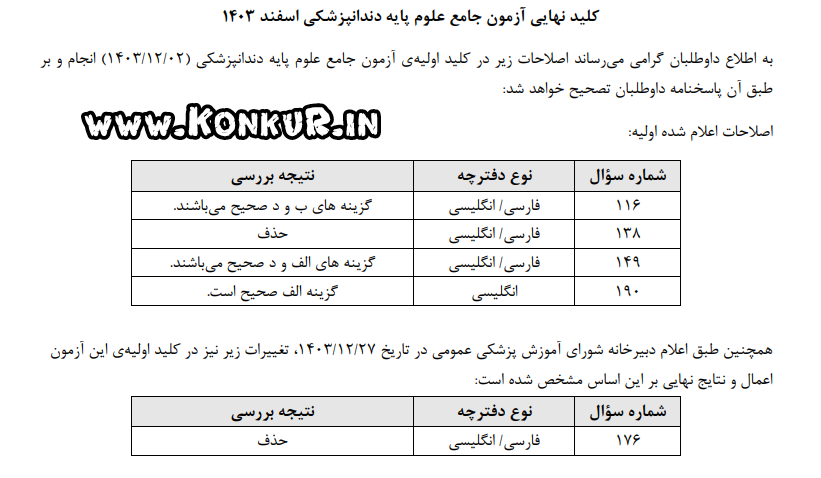 کلید نهایی آزمون جامع علوم پایه دندانپزشکی اسفند 1403