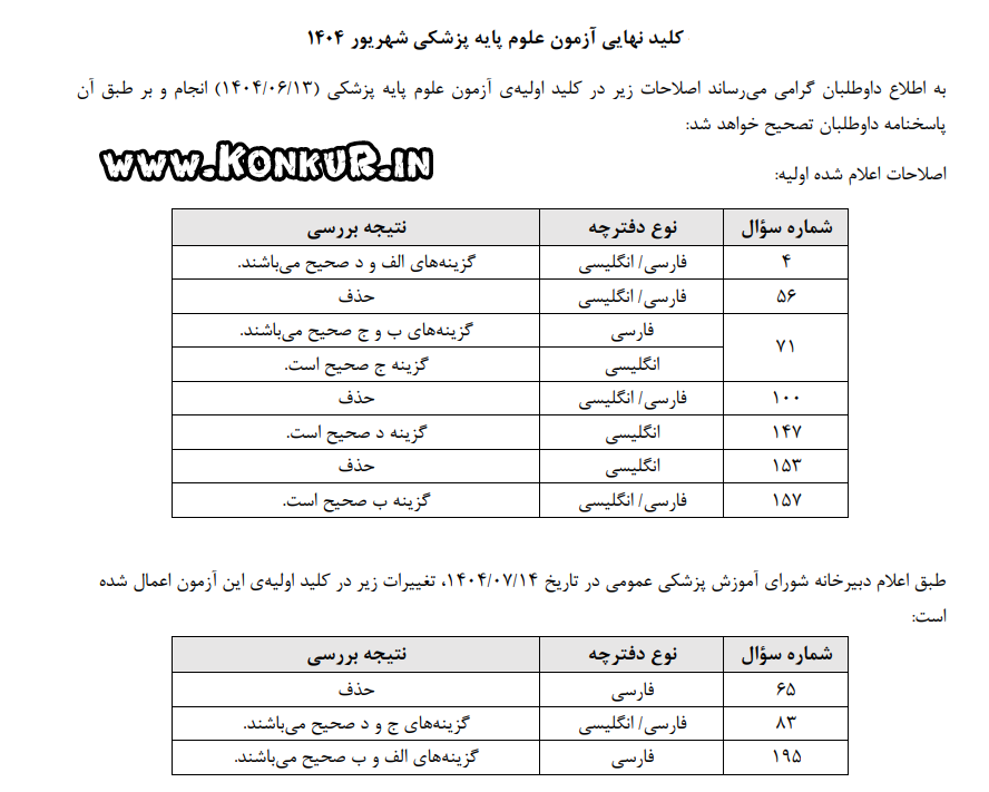 کلید نهایی آزمون جامع علوم پایه پزشکی شهریور 1404 کلید نهایی آزمون جامع علوم پایه پزشکی شهریور 1404