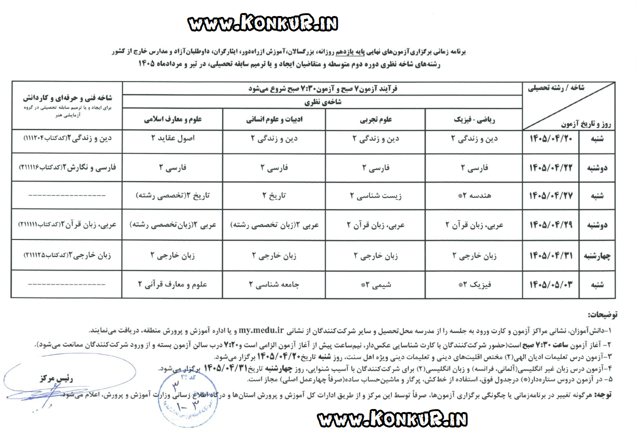 برنامه امتحانات نهایی پایه یازدهم تیر و مرداد 1405 برنامه امتحانات نهایی پایه یازدهم تیر و مرداد 1405